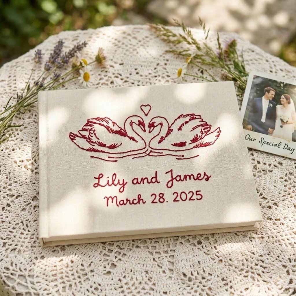The Swans Photo Guest Book – hand-embroidered linen cover