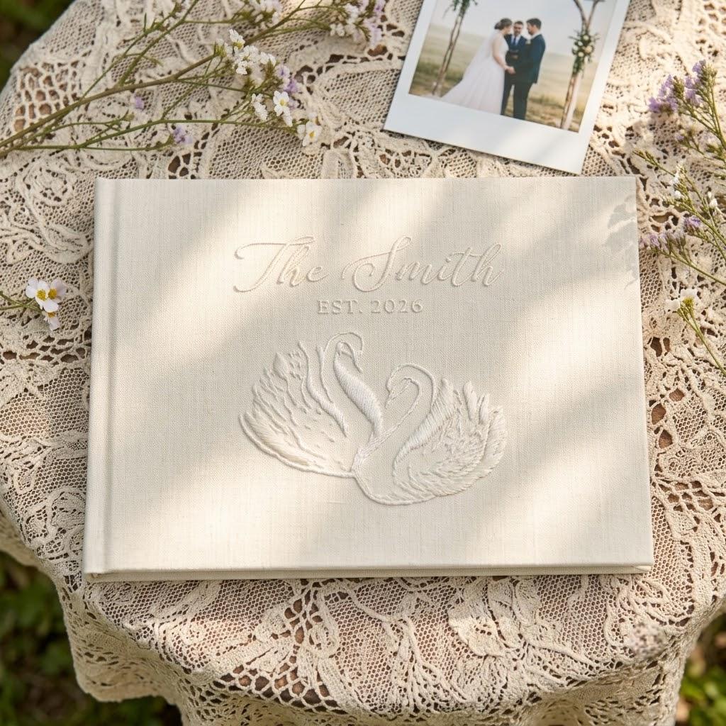 Ivory linen wedding guest book, landscape, tone-on-tone embroidered swan pair with The Smith, Est. 2026