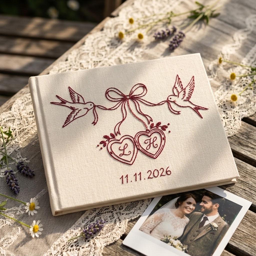 The Love Birds Monogram Heart Guest Book – hand-embroidered linen cover